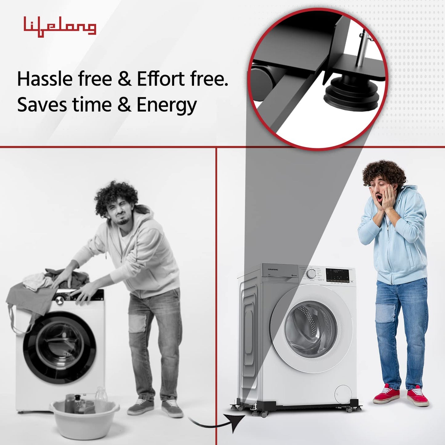 Lifelong Washing Machine Stand- Adjustable Metal Trolley with Wheels for Home with 4 Anti Vibration Rubber Grips- Stands upto 160 Kg Weight, Also Suitable for Dishwasher, Air Cooler (LLHARS01, Black)