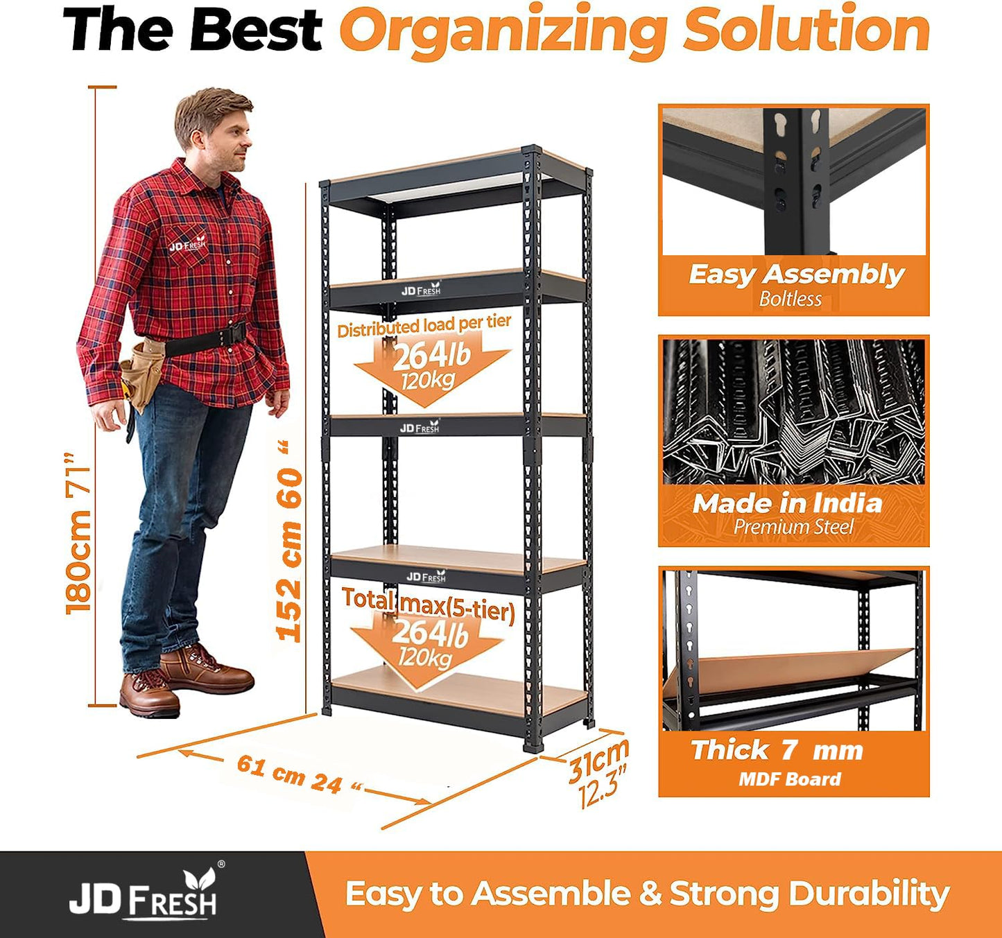 THAASA 5 Tier Boltless Rack for Storage/Adjustable Metal Shelf/Multipurpose Iron Shelves with Wooden Plank/Storage Organizer/Garage Iron Rack(Black)