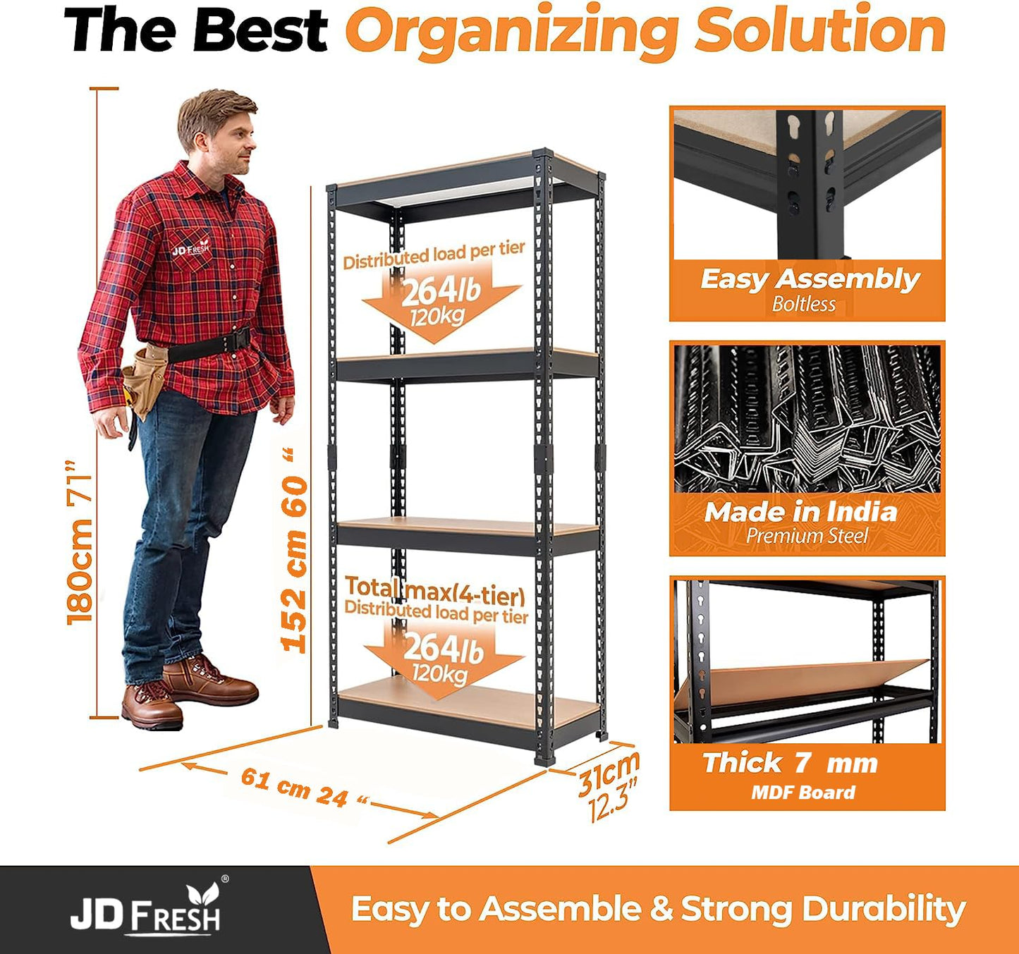 THAASA 5 Tier Boltless Rack for Storage/Adjustable Metal Shelf/Multipurpose Iron Shelves with Wooden Plank/Storage Organizer/Garage Iron Rack(Black)