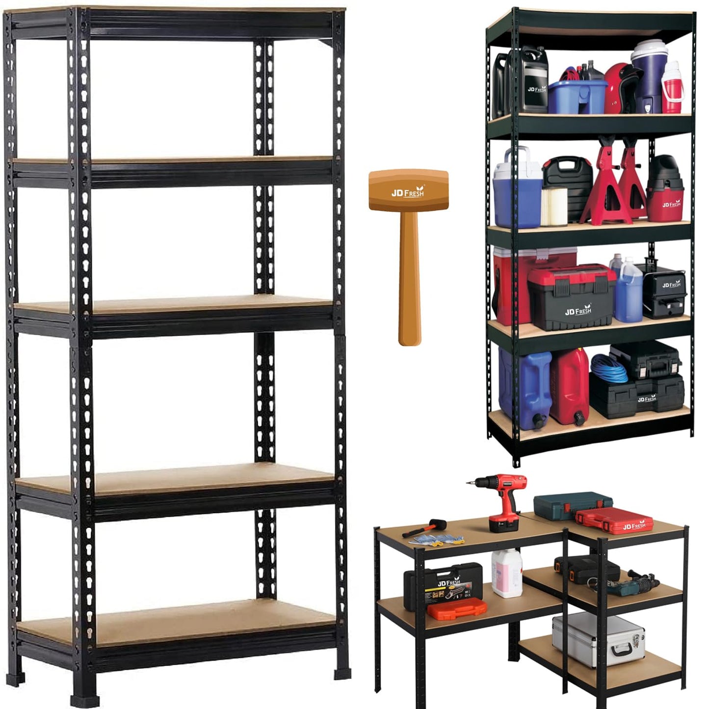 THAASA 5 Tier Boltless Rack for Storage/Adjustable Metal Shelf/Multipurpose Iron Shelves with Wooden Plank/Storage Organizer/Garage Iron Rack(Black)
