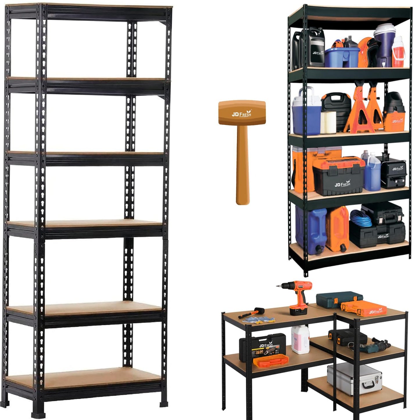 THAASA 5 Tier Boltless Rack for Storage/Adjustable Metal Shelf/Multipurpose Iron Shelves with Wooden Plank/Storage Organizer/Garage Iron Rack(Black)