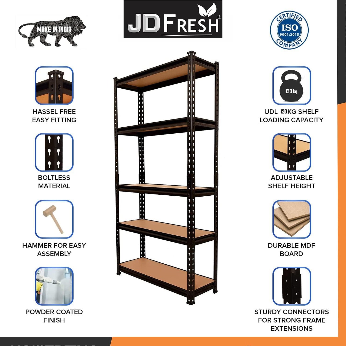 THAASA 5 Tier Boltless Rack for Storage/Adjustable Metal Shelf/Multipurpose Iron Shelves with Wooden Plank/Storage Organizer/Garage Iron Rack(Black)
