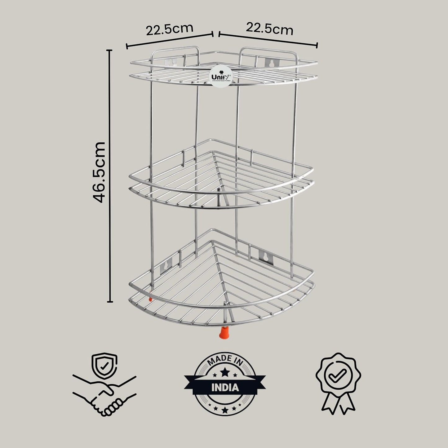 THAASA Stainless Steel 2 Tier Multipurpose Storage Organizer, Corner Stand for Kitchen and Bathroom, Shelf Rack, Bathroom Shelf Wall Mounted, Chrome Finish, Size: 23 x 23 x 33 cm