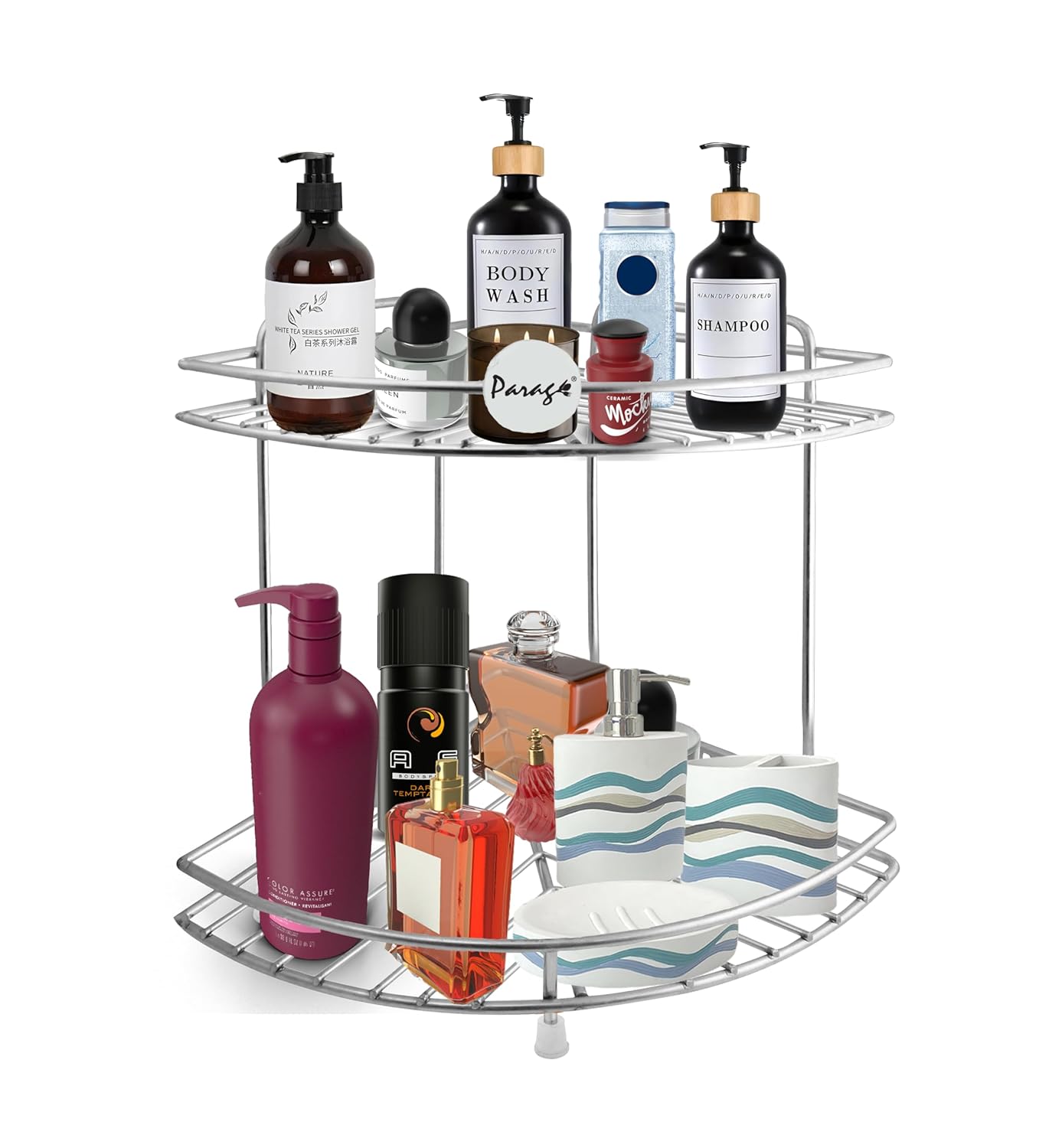 THAASA Stainless Steel 2 Tier Multipurpose Storage Organizer, Corner Stand for Kitchen and Bathroom, Shelf Rack, Bathroom Shelf Wall Mounted, Chrome Finish, Size: 23 x 23 x 33 cm
