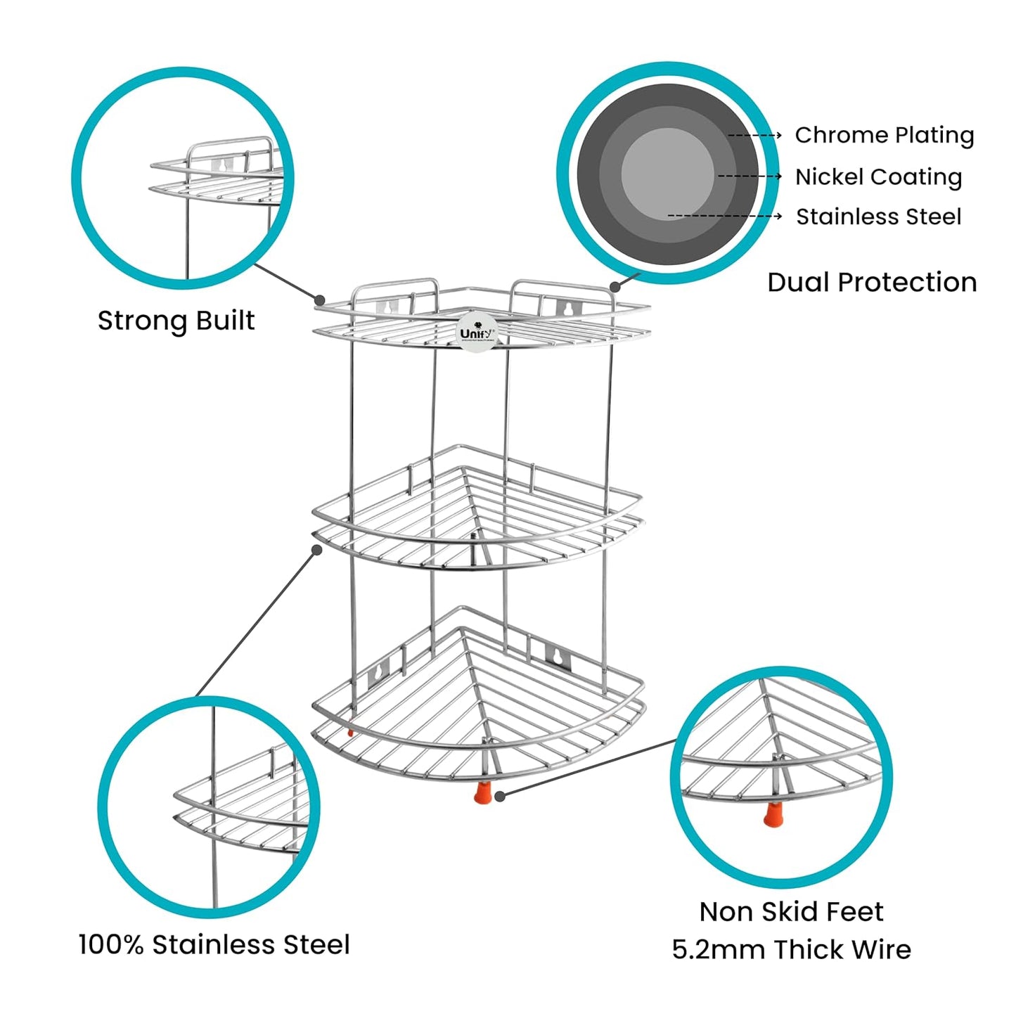 THAASA Stainless Steel 2 Tier Multipurpose Storage Organizer, Corner Stand for Kitchen and Bathroom, Shelf Rack, Bathroom Shelf Wall Mounted, Chrome Finish, Size: 23 x 23 x 33 cm