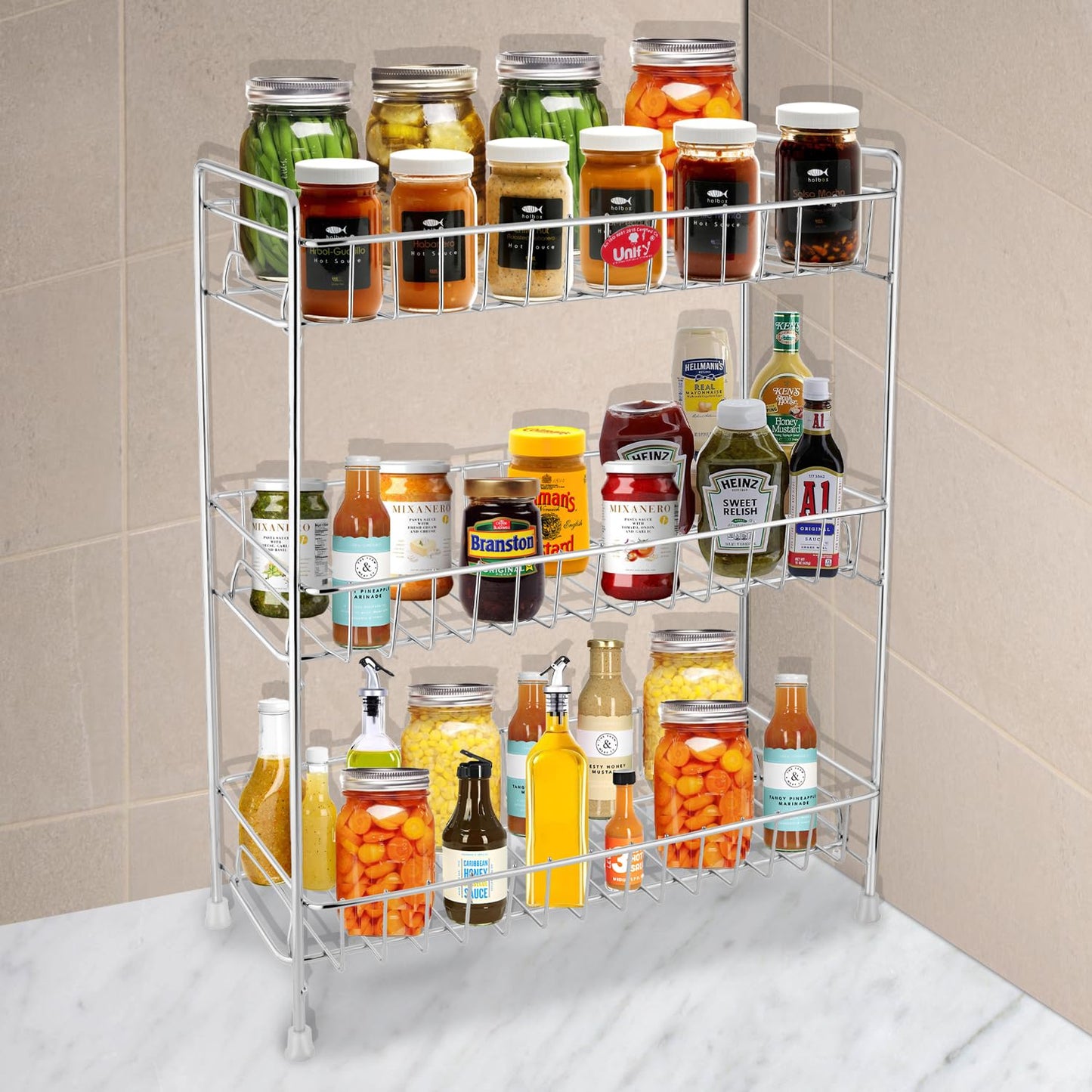 Unify Stainless Steel 3 Tier Kitchen Countertop Spice Container Organizer Rack with Shelf Liner for Kitchen/Cabinet/Pantry/Office (Rectangle), 39L x 19.5B x 50H cm