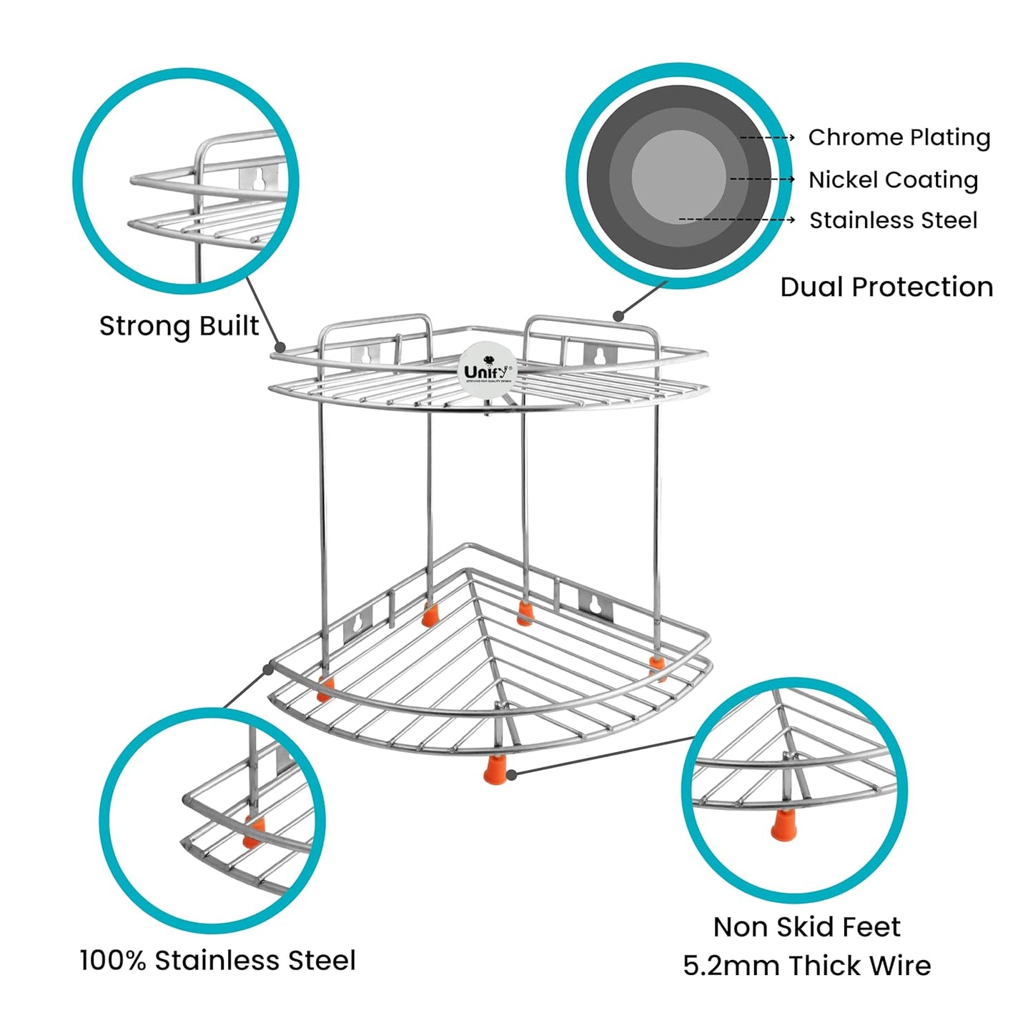 THAASA Stainless Steel 2 Tier Multipurpose Storage Organizer, Corner Stand for Kitchen and Bathroom, Shelf Rack, Bathroom Shelf Wall Mounted, Chrome Finish, Size: 23 x 23 x 33 cm