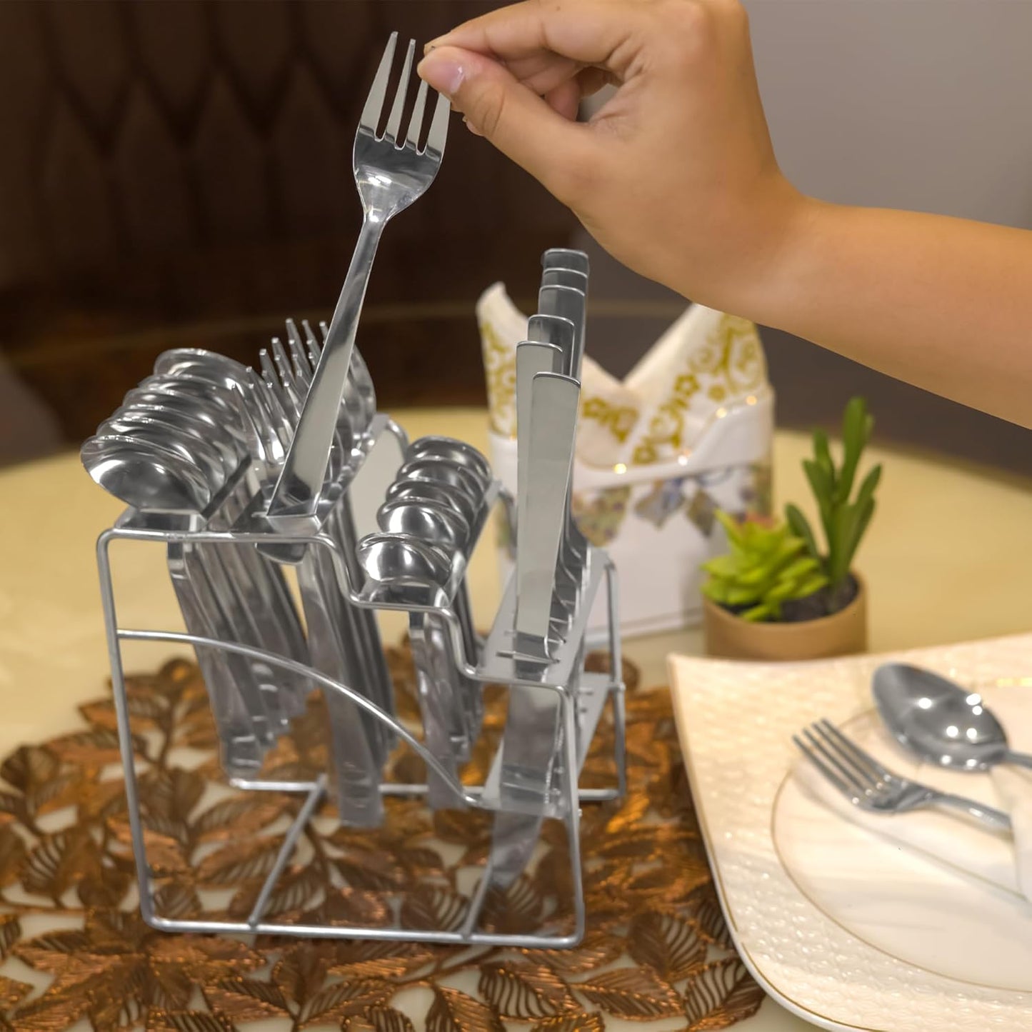 Parage Fantasy Stainless Steel Cutlery Set - Set of 25 (Contains: 6 Table Spoons, 6 Tea Spoons, 6 Forks, 6 Knives, 1 Stand), Silver