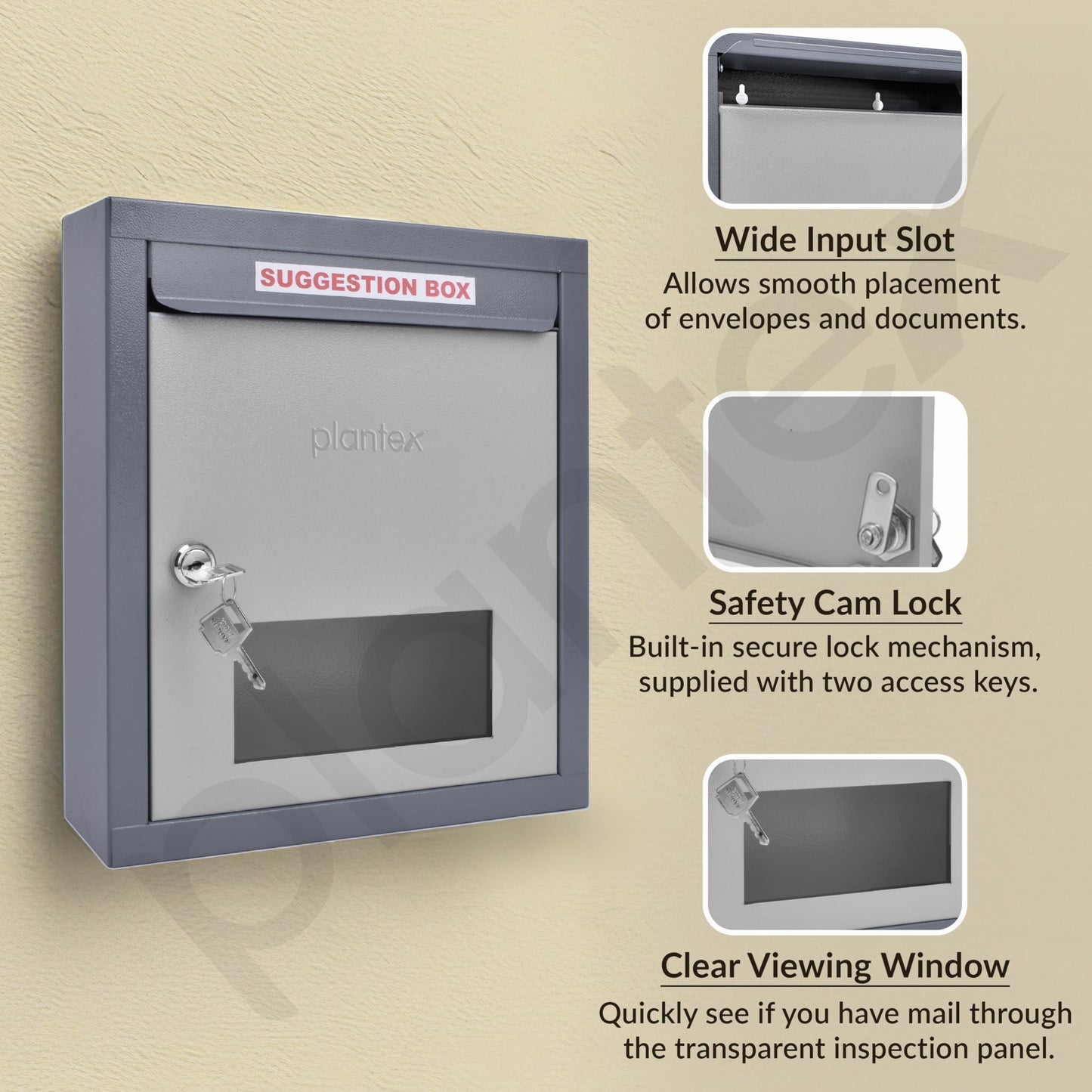 Plantex All in one Multipurpose use Box- Letter Box/Post Box for Gate Home and Office/Suggestion Box for Office use/Complaint/Donation Box with Lock Table Top or Wall Mount Pack of 1 - (Grey)