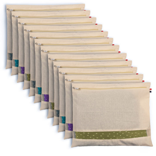 SOLSTICE Cotton Saree Bags/Covers For Storage Set Of - 12 Big Size Single (16 X 14 Inches) With Zip Closure For Clothes Bags And Wardrobe Organizer With Transparent Mesh Window, Beige