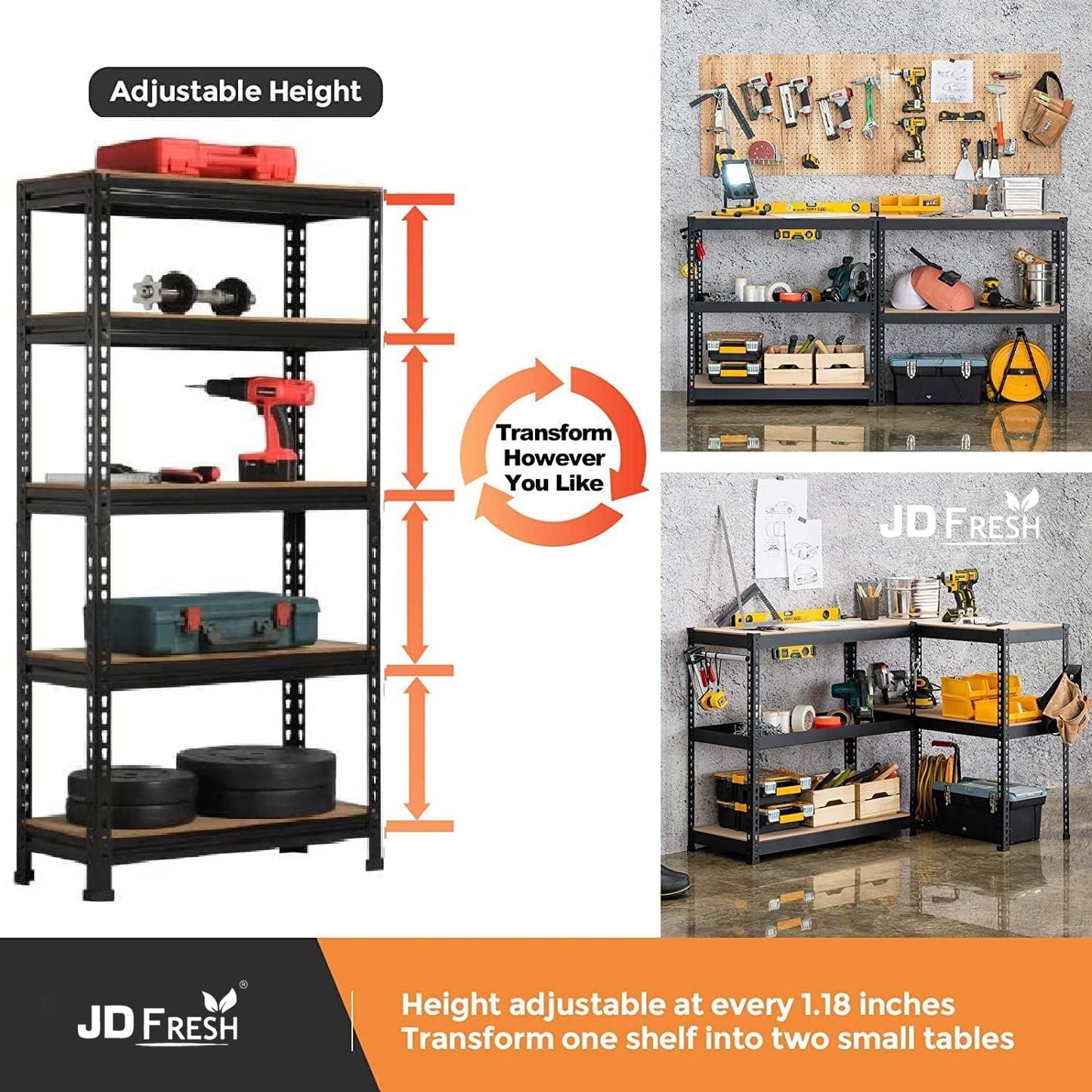 THAASA 5 Tier Boltless Rack for Storage/Adjustable Metal Shelf/Multipurpose Iron Shelves with Wooden Plank/Storage Organizer/Garage Iron Rack(Black)
