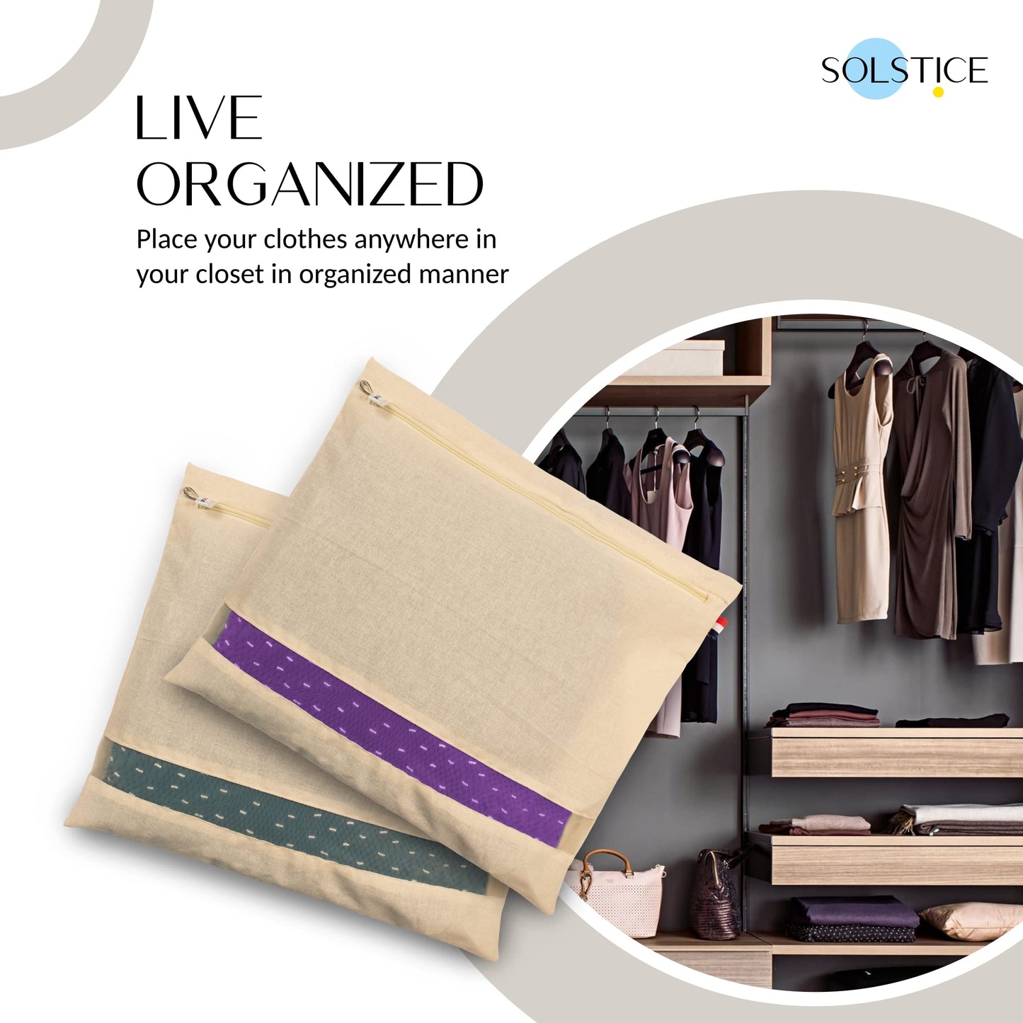 SOLSTICE Cotton Saree Bags/Covers For Storage Set Of - 12 Big Size Single (16 X 14 Inches) With Zip Closure For Clothes Bags And Wardrobe Organizer With Transparent Mesh Window, Beige