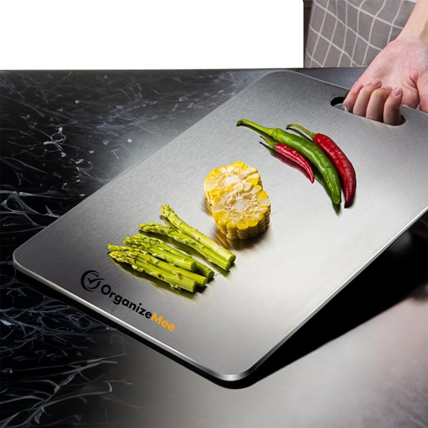 OrganizeMee Chopping Board Stainless Steel Metal Cutting Kitchen,Heavy Duty Choping-Board Vegetable, Meats vegitable Chopper Boards,Safe Durable with Anti-Skid Silicon Pad (New Medium)(31.8CM X 21CM)