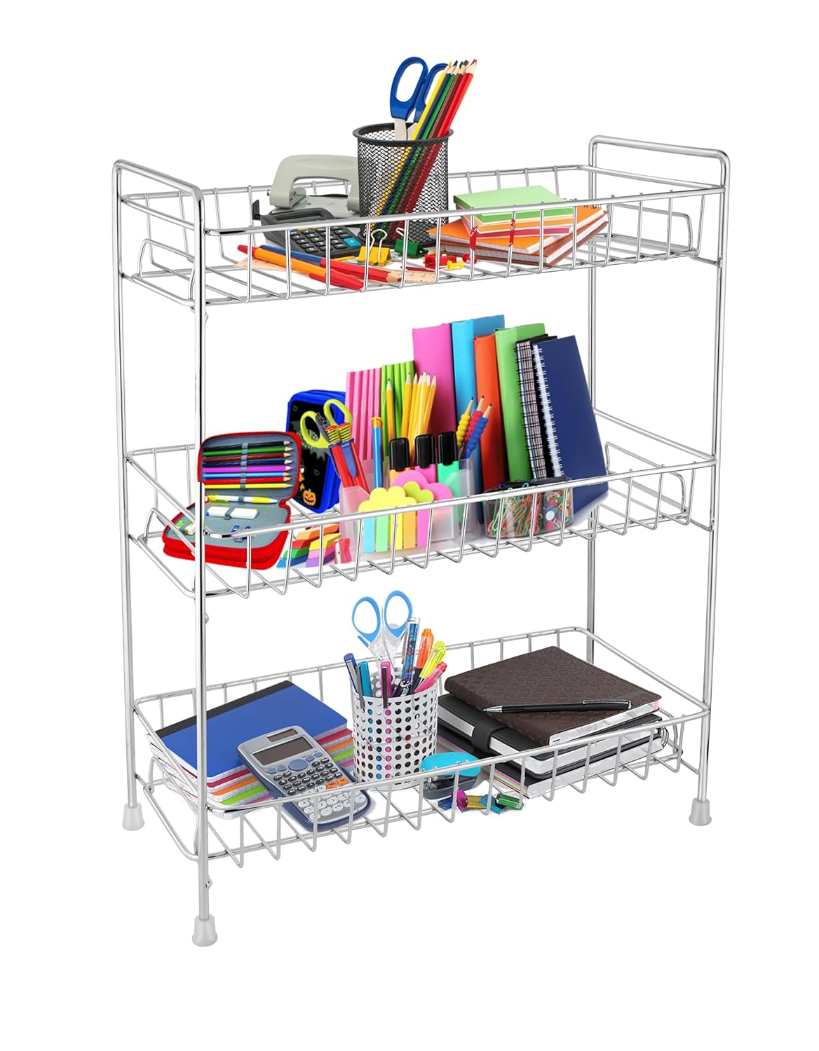 Unify Stainless Steel 3 Tier Kitchen Countertop Spice Container Organizer Rack with Shelf Liner for Kitchen/Cabinet/Pantry/Office (Rectangle), 39L x 19.5B x 50H cm
