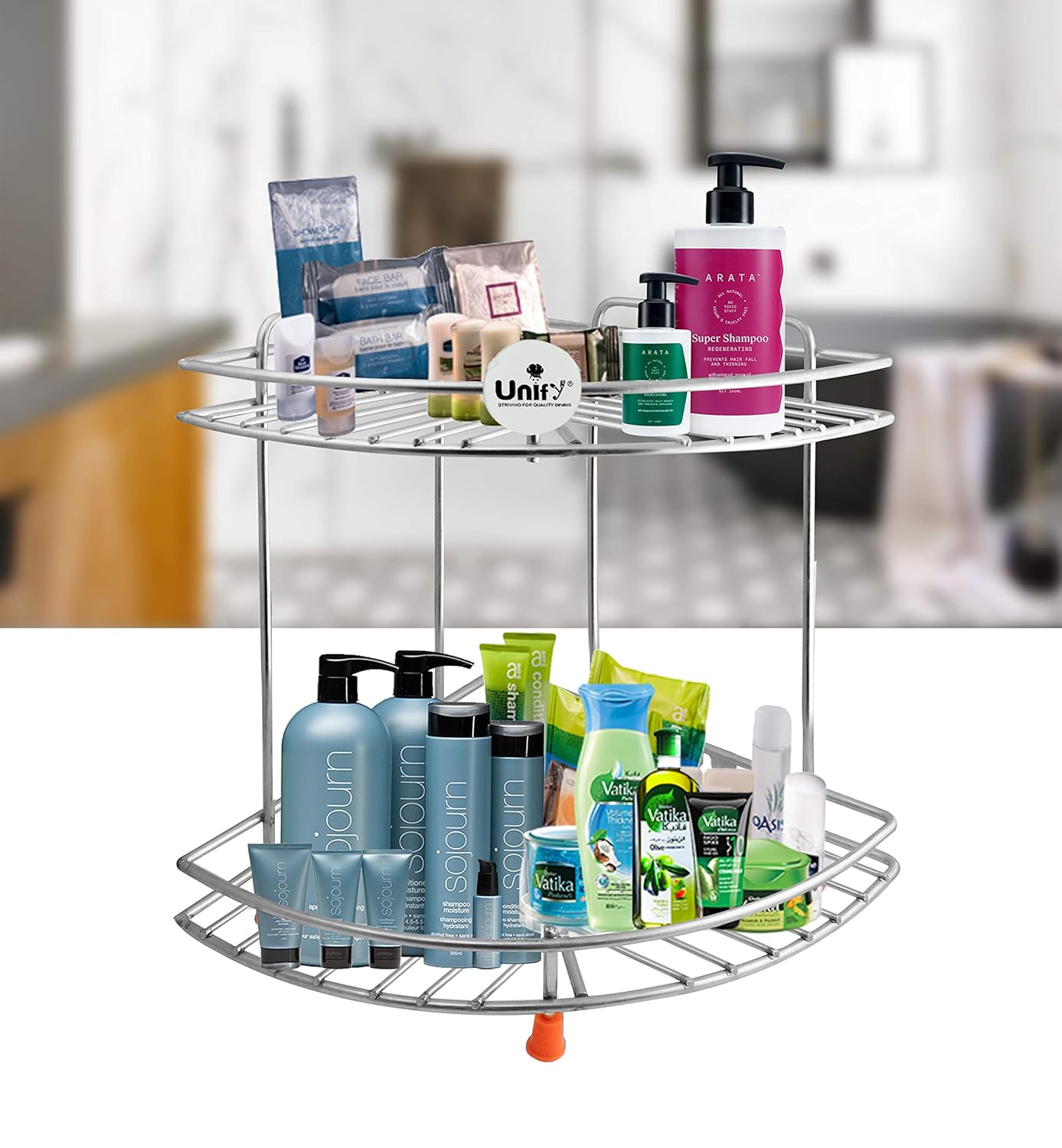 THAASA Stainless Steel 2 Tier Multipurpose Storage Organizer, Corner Stand for Kitchen and Bathroom, Shelf Rack, Bathroom Shelf Wall Mounted, Chrome Finish, Size: 23 x 23 x 33 cm