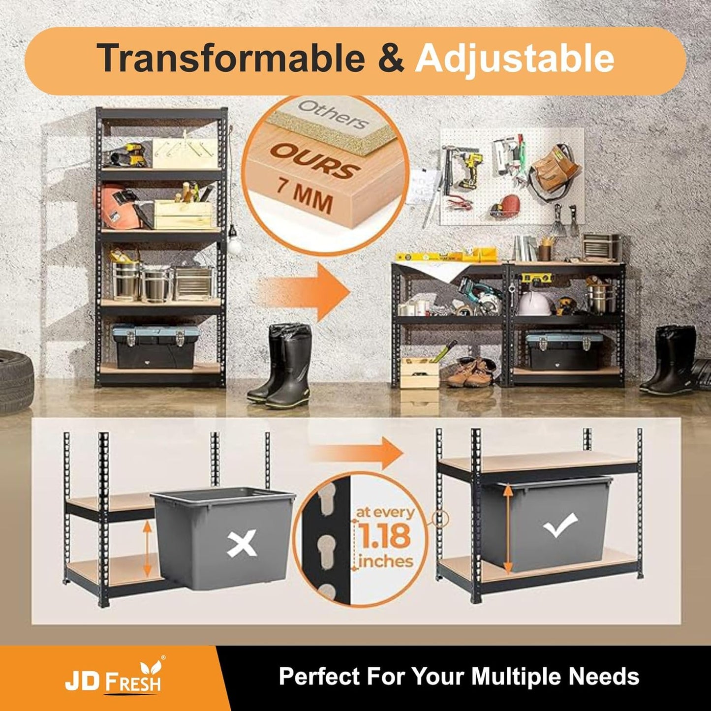 THAASA 5 Tier Boltless Rack for Storage/Adjustable Metal Shelf/Multipurpose Iron Shelves with Wooden Plank/Storage Organizer/Garage Iron Rack(Black)