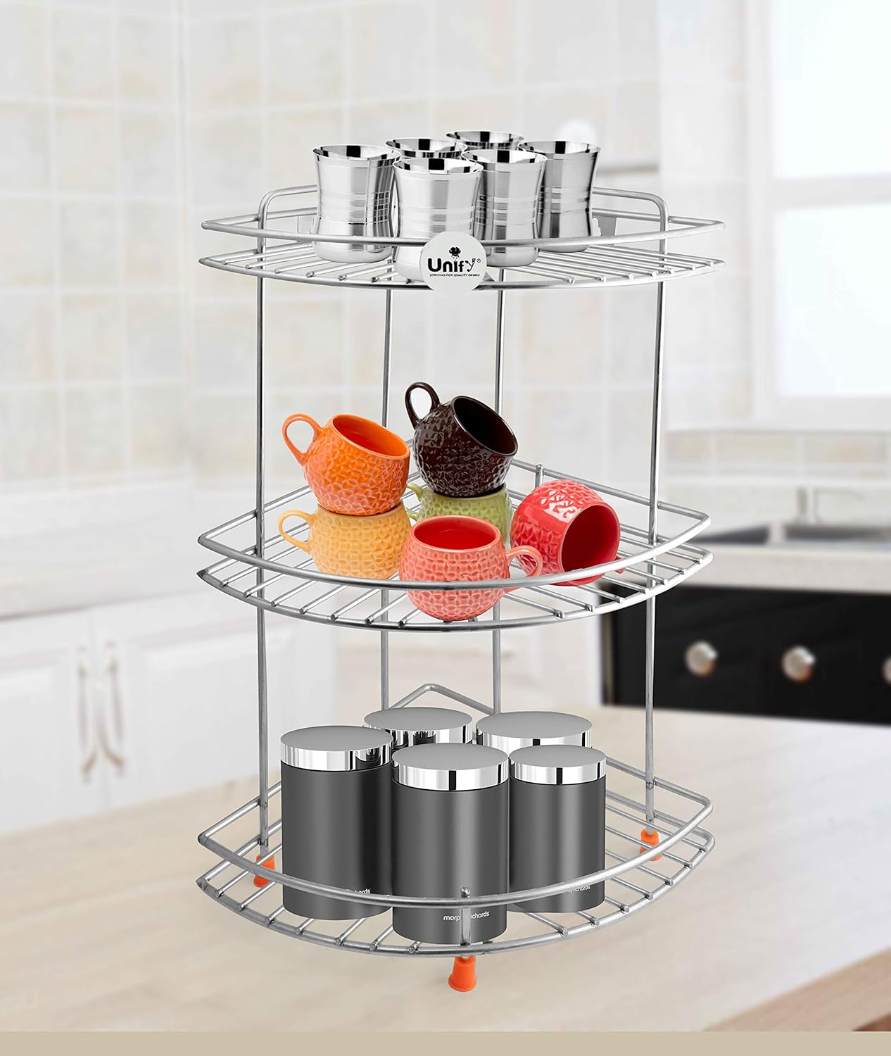 THAASA Stainless Steel 2 Tier Multipurpose Storage Organizer, Corner Stand for Kitchen and Bathroom, Shelf Rack, Bathroom Shelf Wall Mounted, Chrome Finish, Size: 23 x 23 x 33 cm