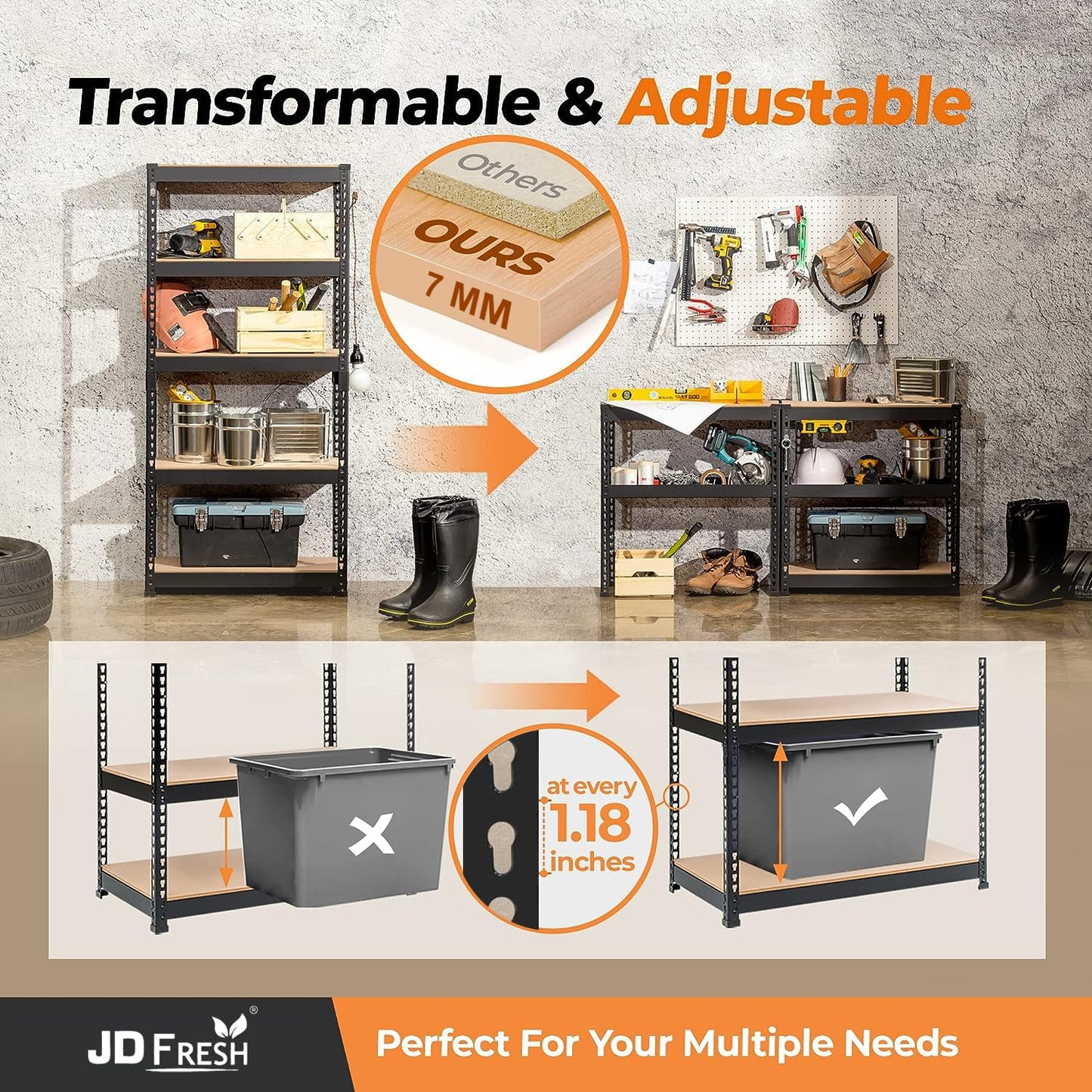 THAASA 5 Tier Boltless Rack for Storage/Adjustable Metal Shelf/Multipurpose Iron Shelves with Wooden Plank/Storage Organizer/Garage Iron Rack(Black)