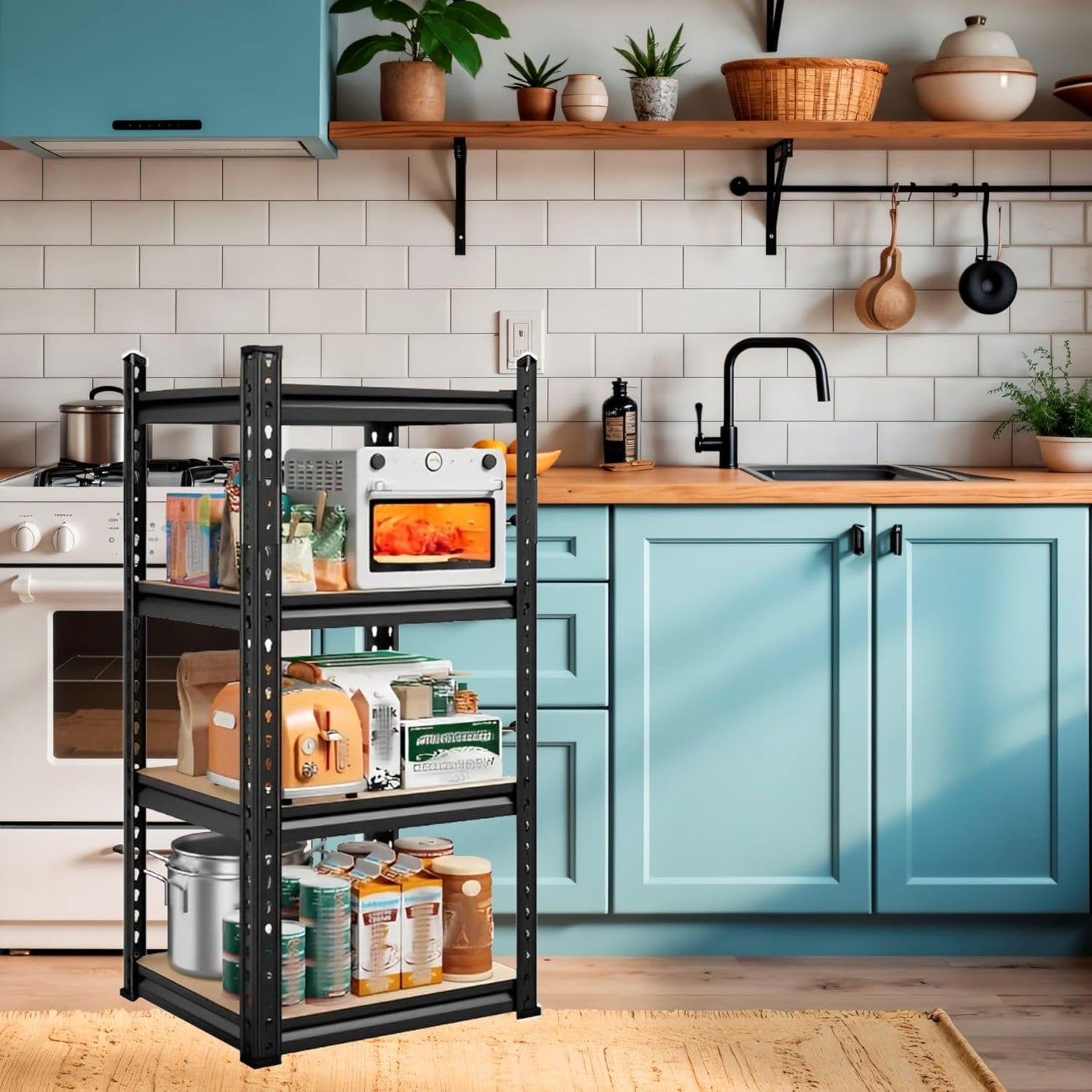 THAASA 5 Tier Boltless Rack for Storage/Adjustable Metal Shelf/Multipurpose Iron Shelves with Wooden Plank/Storage Organizer/Garage Iron Rack(Black)