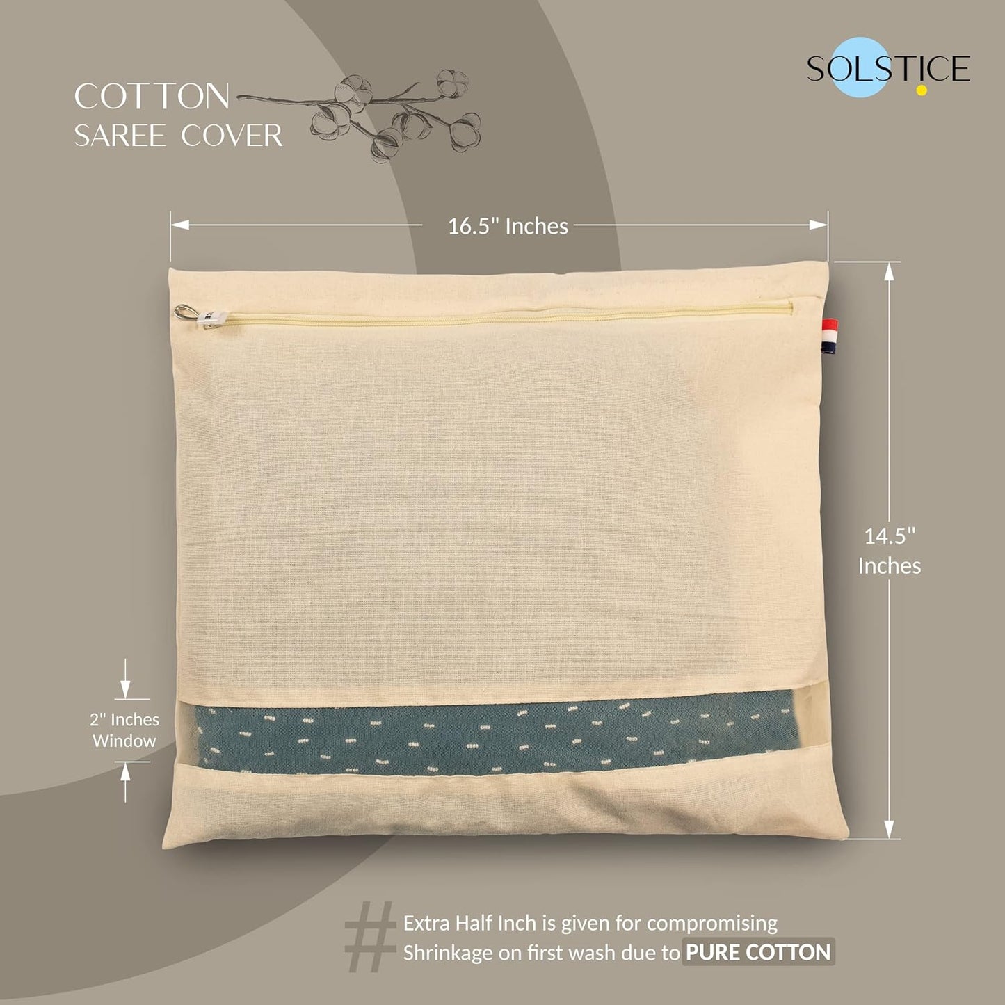 SOLSTICE Cotton Saree Bags/Covers For Storage Set Of - 12 Big Size Single (16 X 14 Inches) With Zip Closure For Clothes Bags And Wardrobe Organizer With Transparent Mesh Window, Beige