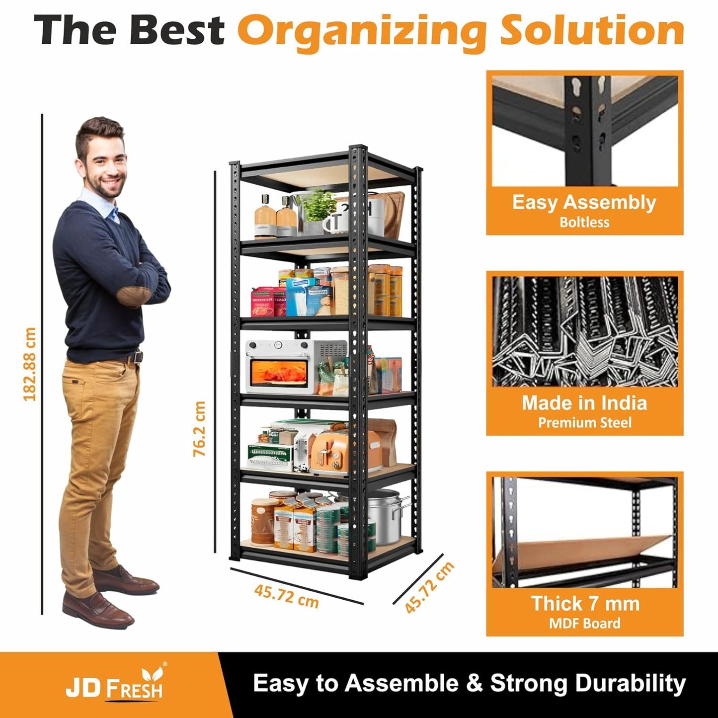 THAASA 5 Tier Boltless Rack for Storage/Adjustable Metal Shelf/Multipurpose Iron Shelves with Wooden Plank/Storage Organizer/Garage Iron Rack(Black)