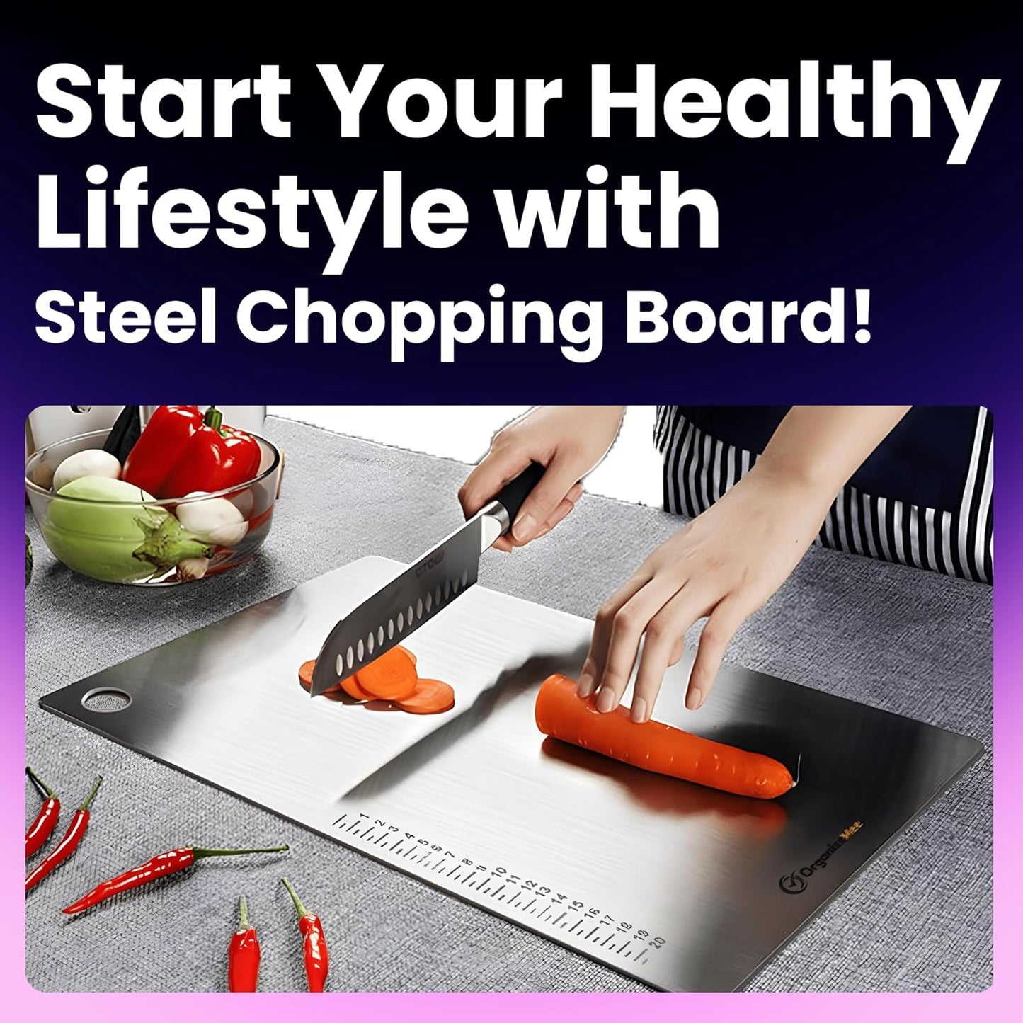 OrganizeMee Chopping Board Stainless Steel Metal Cutting Kitchen,Heavy Duty Choping-Board Vegetable, Meats vegitable Chopper Boards,Safe Durable with Anti-Skid Silicon Pad (New Medium)(31.8CM X 21CM)