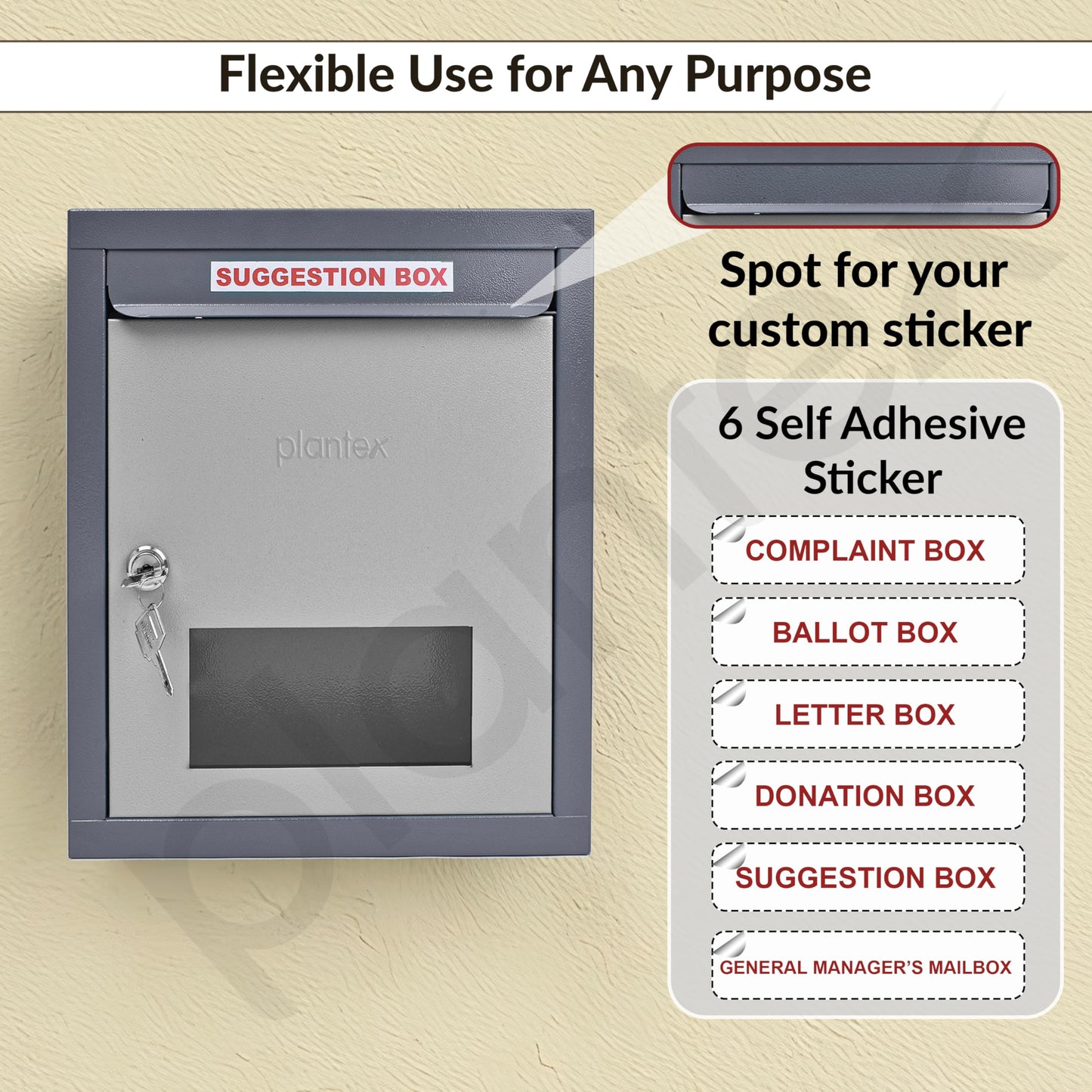 Plantex All in one Multipurpose use Box- Letter Box/Post Box for Gate Home and Office/Suggestion Box for Office use/Complaint/Donation Box with Lock Table Top or Wall Mount Pack of 1 - (Grey)