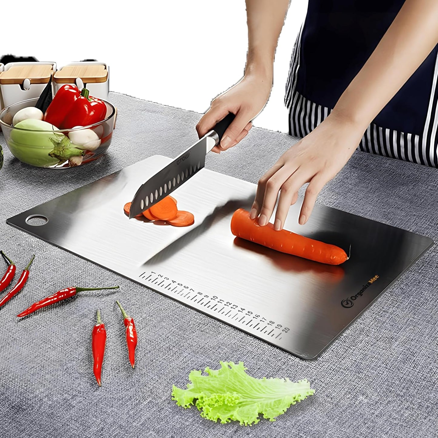 OrganizeMee Chopping Board Stainless Steel Metal Cutting Kitchen,Heavy Duty Choping-Board Vegetable, Meats vegitable Chopper Boards,Safe Durable with Anti-Skid Silicon Pad (New Medium)(31.8CM X 21CM)